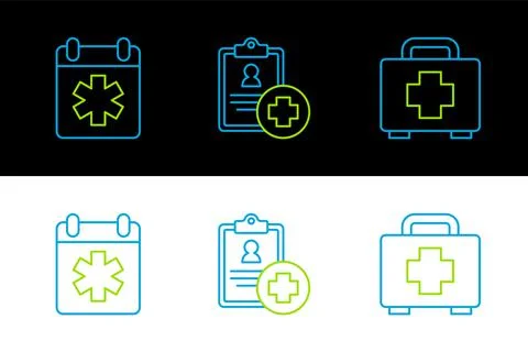 Set line First aid kit, Doctor appointment and Patient record icon. Vector Stock Illustration