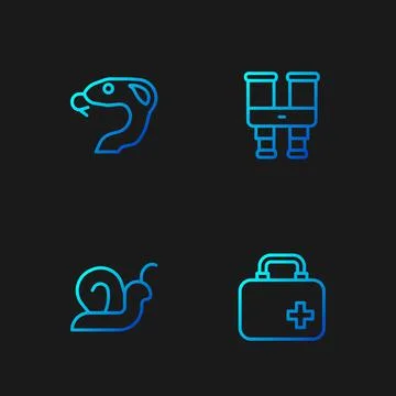 Set line First aid kit, Snail, Snake and Binoculars. Gradient color icons. Ve イラスト素材