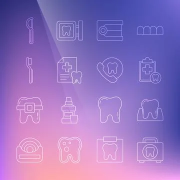 Set line First aid kit, Tooth, Dental card, Dentures model, Toothbrush, floss Stock Illustration