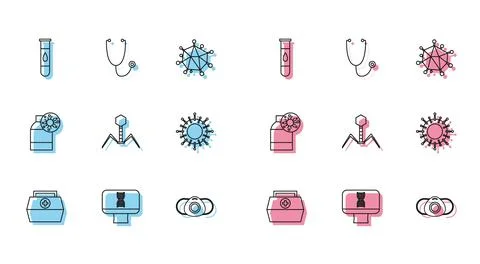 Set line First aid kit, DNA spiral and computer, Blood test virus, Medical pr Stock Illustration