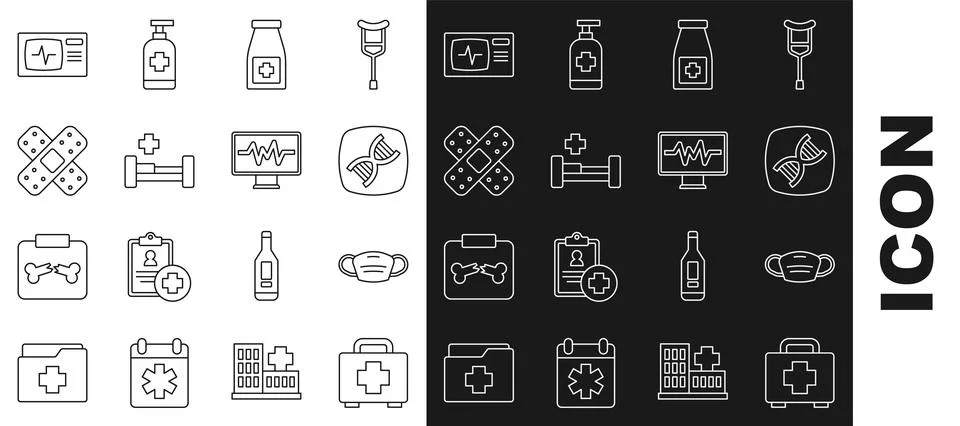 Set line First aid kit, Medical protective mask, DNA symbol, Medicine bottle and Stock Illustration