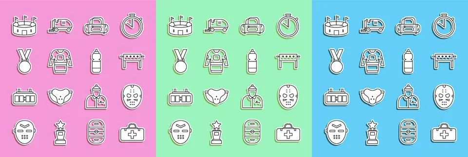 Set line First aid kit, Hockey mask, table, Sport bag, jersey, Medal, stadium Stock Illustration