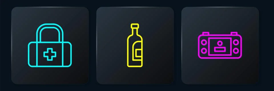 Set line First aid kit, Portable video game console and Bottle of wine. Black Illustrazione stock