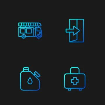 Set line First aid kit, Canister fuel, Fire truck and exit. Gradient color icons Stock Illustration