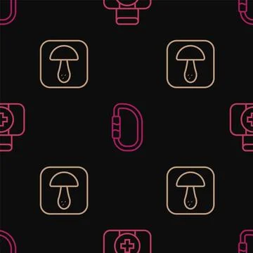 Set line First aid kit, Mushroom and Carabiner on seamless pattern. Vector Illustrazione stock