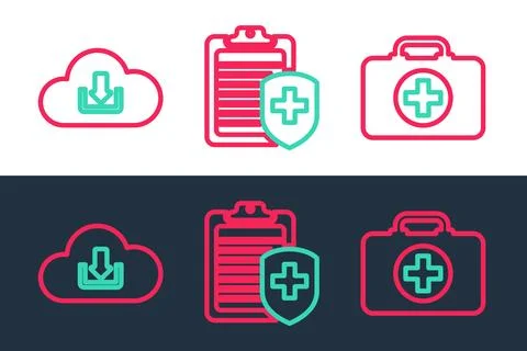 Set line First aid kit, Cloud download and Clipboard with medical insurance icon Illustrazione stock