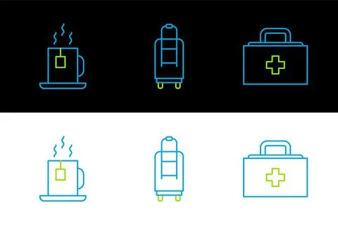 Set line First aid kit, Cup of tea with tea bag and Suitcase icon. Vector Stock Illustration