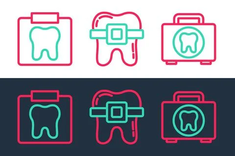 Set line First aid kit, X-ray of tooth and Teeth with braces icon. Vector Stock Illustration