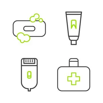 Set line First aid kit, Electrical hair clipper or shaver, Tube of toothpas.. Stock Illustration