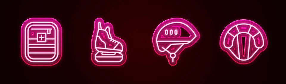 Set line First aid kit, Skates, Bicycle helmet and Parachute. Glowing neon .. Stockillustratie