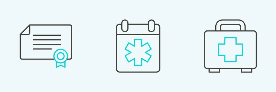 Set line First aid kit Certificate template and Doctor appointment icon. Vect Stock-Illustration