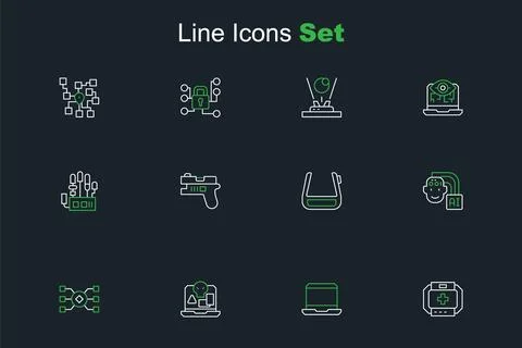 Set line First aid kit, Laptop, Internet piracy, Neural network, Humanoid r.. Stock Illustration