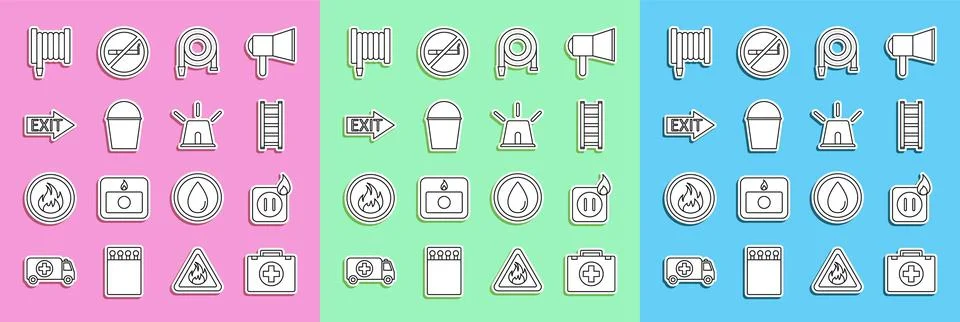 Set line First aid kit, Electric wiring of socket in fire, Fire escape, hos.. Stock Illustration