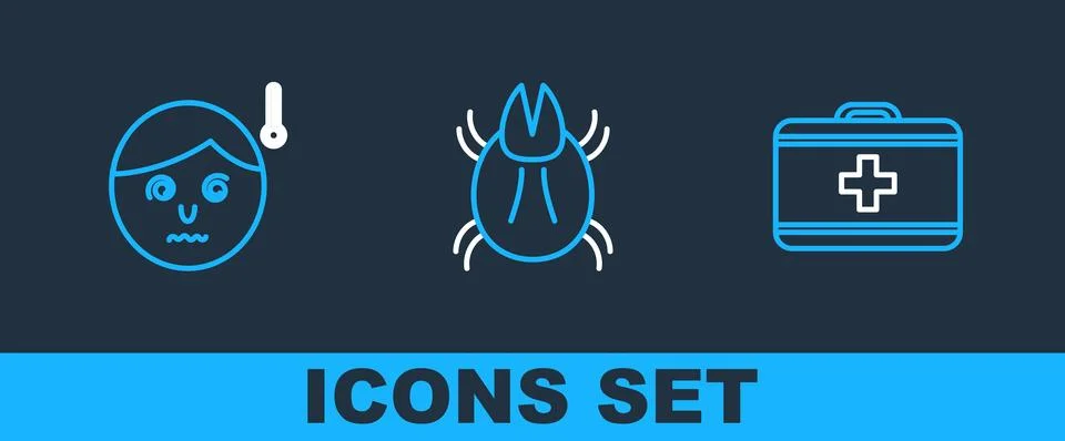 Set line First aid kit, High human body temperature and Parasite mite icon... 스톡 일러스트