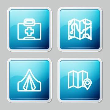 Set line First aid kit, Location of the forest on map, Tourist tent and  icon Illustrazione stock