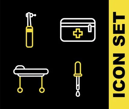 Set line First aid kit, Pipette, Stretcher and Tooth drill icon. Vector Stock Illustration