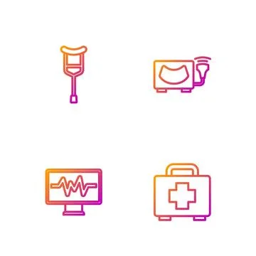 Set line First aid kit, Monitor with cardiogram, Crutch crutches and Ultras.. Stock Illustration