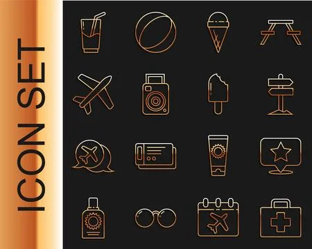 Set line First aid kit, Map pointer with star, Road traffic signpost, Ice c.. Stock Illustration