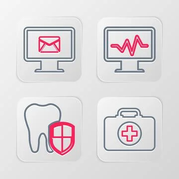 Set line First aid kit, Dental protection, Monitor with cardiogram and and .. Illustrazione stock