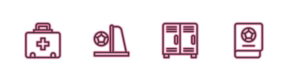 Set line First aid kit, Locker or changing room, Football goal with ball an.. Stock Illustration