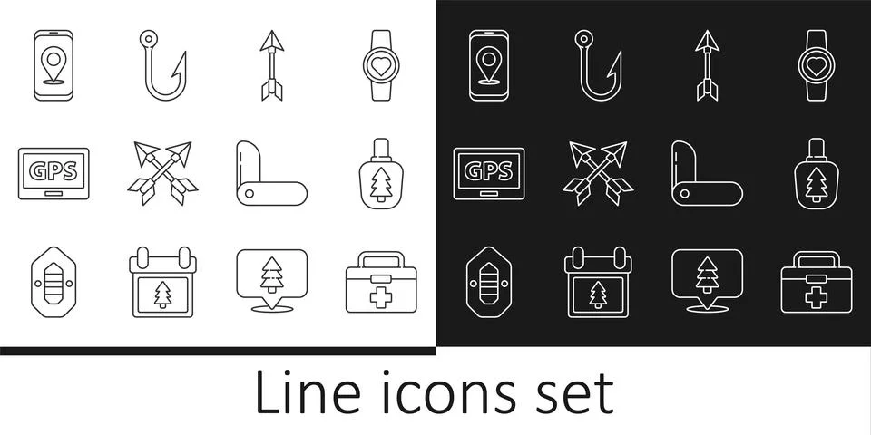 Set line First aid kit, Canteen water bottle, Hipster arrow, Crossed arrows.. Illustrazione stock