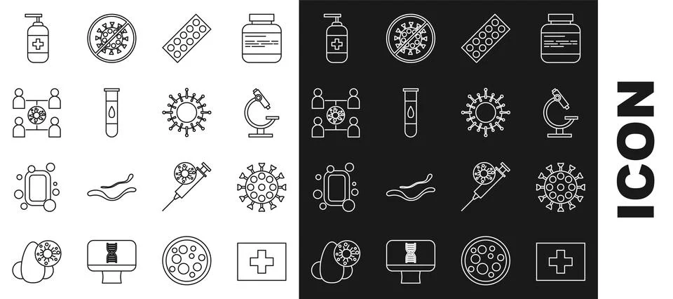 Set line First aid kit, Virus, Microscope, Pills in blister pack, Blood tes.. 스톡 일러스트