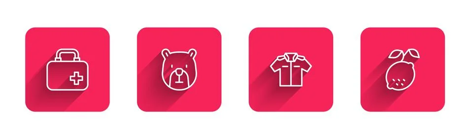 Set line First aid kit, Bear head, Shirt and Lemon with long shadow. Red sq.. Stock-Illustration