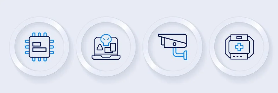 Set line First aid kit, Security camera, Internet piracy and Processor CPU .. Stock Illustration
