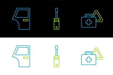 Set line First aid kit and warning triangle, Car door and Screwdriver icon... Stock Illustration