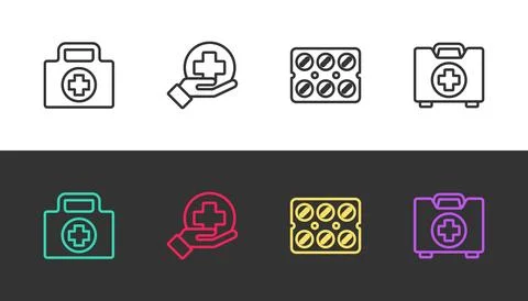 Set line First aid kit, Cross hospital medical, Pills in blister pack and  .. Stock-Illustration