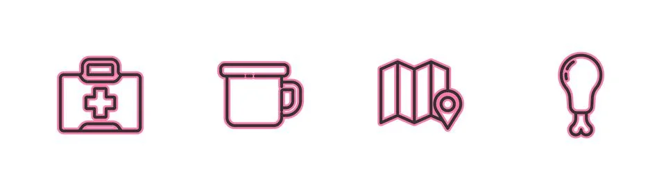 Set line First aid kit, Location of the forest on map, Camping metal mug and  Stock Illustration