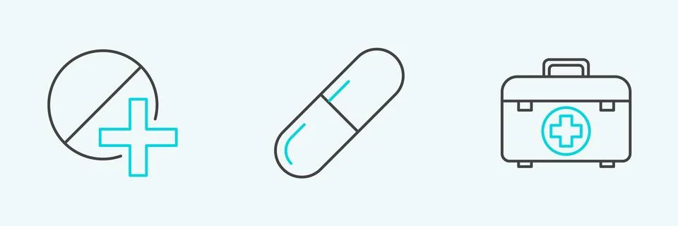 Set line First aid kit, Medicine pill or tablet and  icon. Vector Stock Illustration