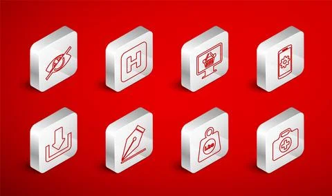 Set line First aid kit, Hospital, Monitor with shopping basket, Setting sma.. Illustrazione stock