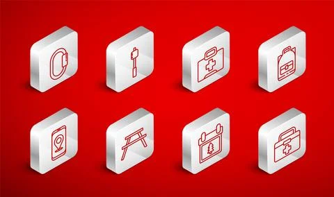 Set line First aid kit, Marshmallow on stick, Hiking backpack, Calendar wit.. Stock Illustration
