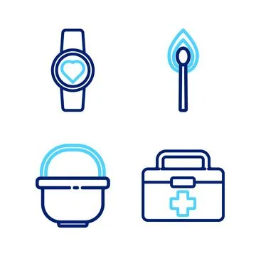 Set line First aid kit, Camping pot, Burning match with fire and Smart watc.. Stock Illustration