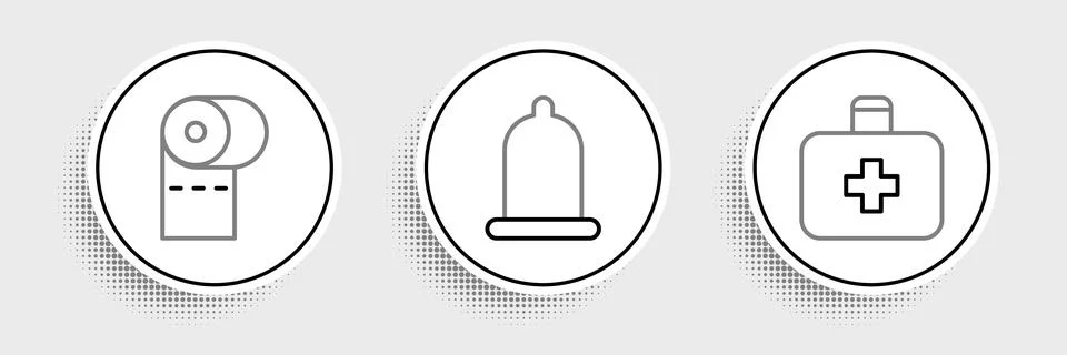 Set line First aid kit, Toilet paper roll and Condom icon. Vector Stock Illustration
