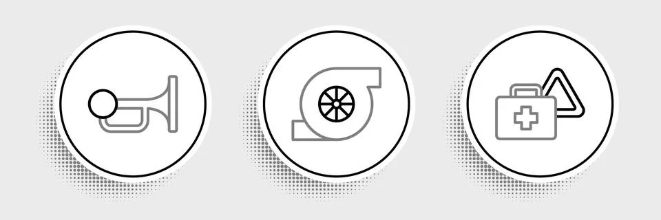 Set line First aid kit and warning triangle, Signal horn on vehicle and Aut.. Stock Illustration