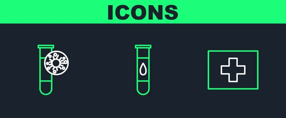 Set line First aid kit, Test tube with virus and Blood test and icon. Vector Stock Illustration