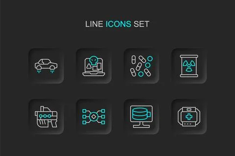 Set line First aid kit, Cloud database, Neural network, Futuristic weapon, .. 스톡 일러스트