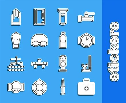 Set line First aid kit, Snorkel, Diving watch, Flashlight, Glasses and cap .. Illustrazione stock