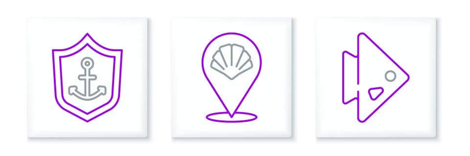 Set line Fish, Anchor inside shield and Scallop sea shell icon. Vector Stock Illustration