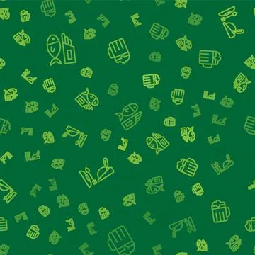 Set line Fish and chips, Robin hood hat and Wooden beer mug on seamless pattern Stock Illustration
