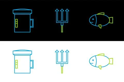 Set line Fish, Big flashlight for diver and Neptune Trident icon. Vector 스톡 일러스트