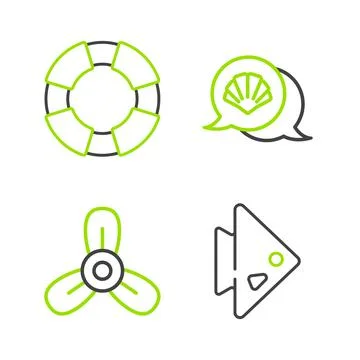 Set line Fish, Boat propeller, turbine, Scallop sea shell and Lifebuoy icon.  Stock Illustration