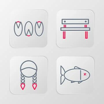 Set line Fish, Braid, Bench and Pistachio nuts icon. Vector Stock Illustration