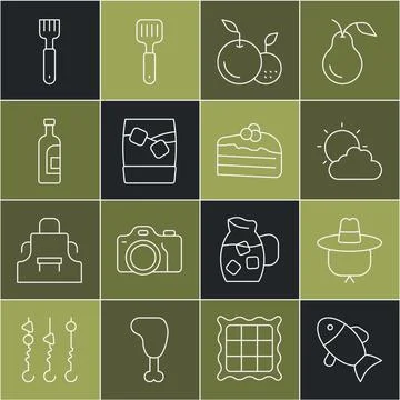 Set line Fish, Camping hat, Sun and cloud weather, Fruit, Glass of whiskey .. 스톡 일러스트