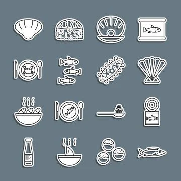 Set line Fish, Canned fish, Scallop sea shell, Shell with pearl, Fishes, Served Illustrazione stock