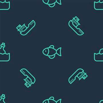 Set line Fish, Cargo ship and Bottle with message in water on seamless pattern Stock Illustration