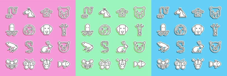 Set line Fish, Cat, Giraffe head, Sheep, Owl bird, Octopus, Collar with name tag Stock Illustration