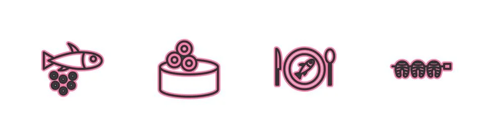 Set line Fish with caviar, Served fish on plate, Tin can and Grilled steak .. Stock Illustration
